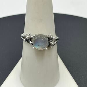 *Sterling Silver 925 Moonstone Oval Cabochon Stars Ring‎ Sz 8.75 Adjustable